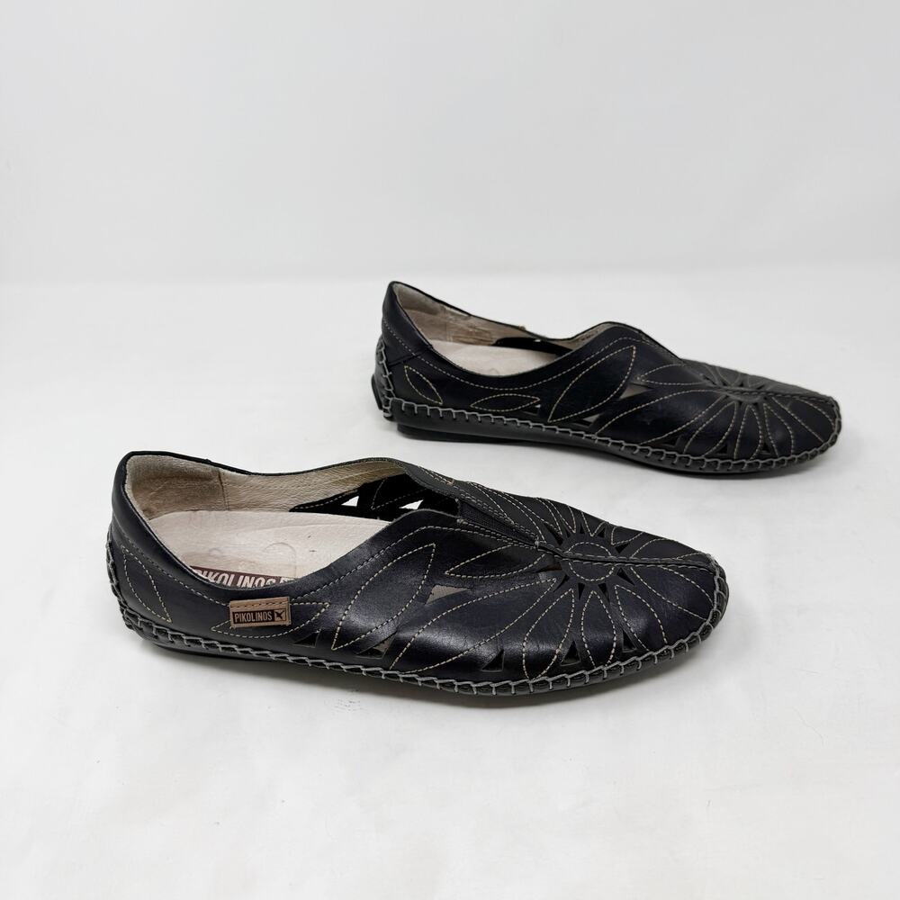 [Pikolinos] Black Leather Jerez Floral Cutout Moccasin Flats Lagenlook Sz 8 8.5